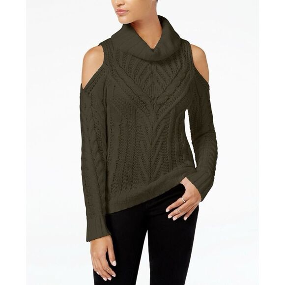 Khaki Cable Knit Shoulderless Turtle Neck Sweater Large American Rag - Picture 1 of 4